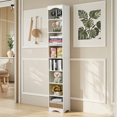 VECELO Tall Narrow Corner Bookcase, Enclosed Free-Standing Storage Cabinet with Open Shelves and Dust-Free Organization, White