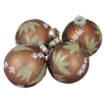 Northlight 4ct Brown and Gold 2-Finish Floral Glass Christmas Ball Ornaments 3.25" (80mm)