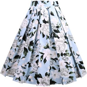 Women's Vintage Floral Midi Skirt - Pleated A-Line Skirt with Pockets Blue-white Flowers - 1 of 4