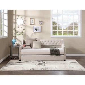 VASIP  Twin Size Daybed with Trundle ,Upholstered Tufted Design with Copper Nail Trim ,No Box Spring Needed, for Guest Room,Bedroom,Gray - 1 of 4