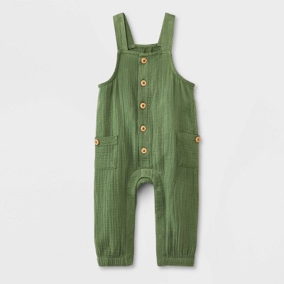 Image of Baby Boys' Dungarees Striped Romper - Cat & Jack™ Green 0-3M