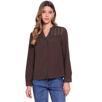 INSPIRE CHIC Women's Button Down V Neck Long Sleeve Casual Trendy Lace Blouses