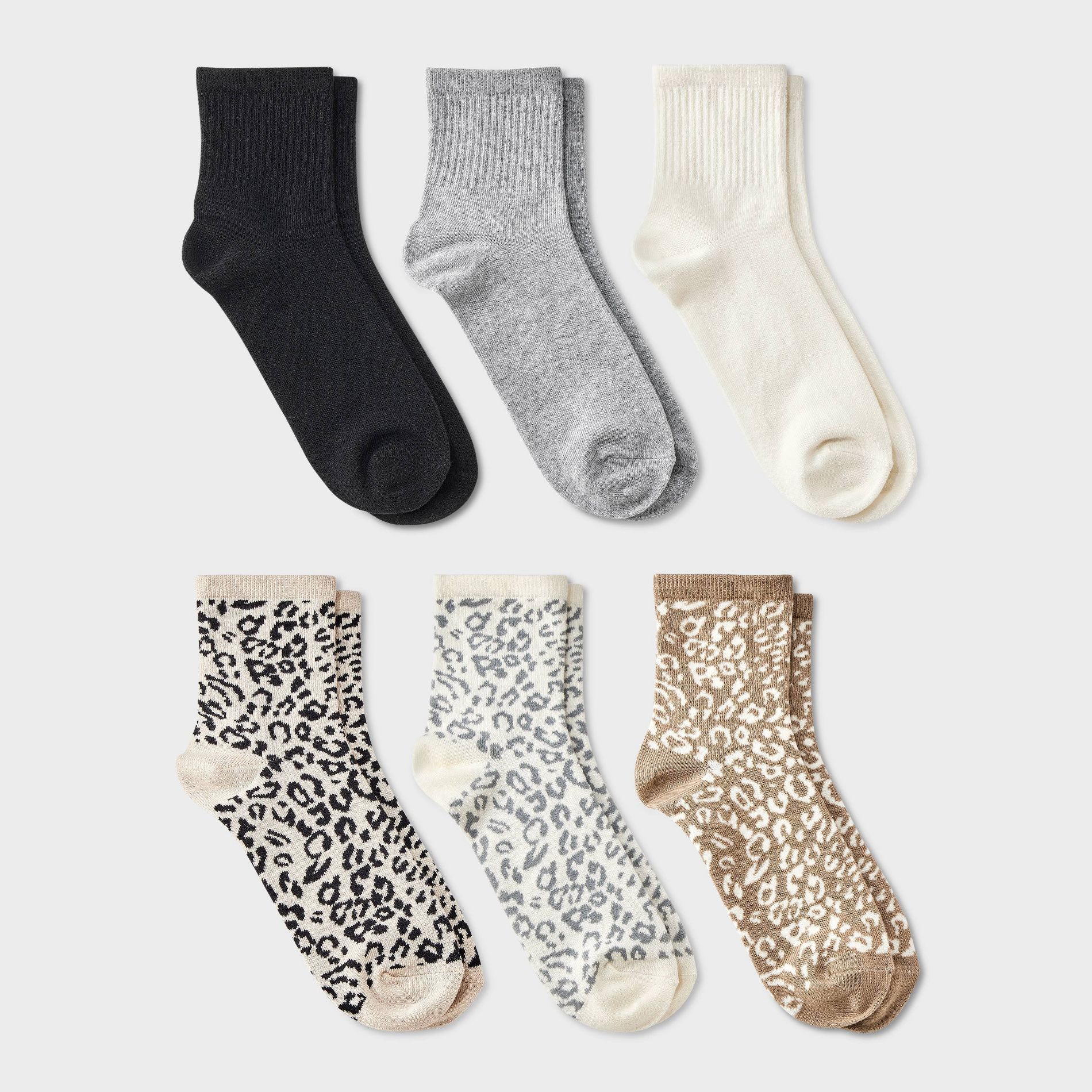 Women's Leopard & Solid Ribbed 6pk Ankle Socks - A New Day™ Black/Gray/Ivory 4-10