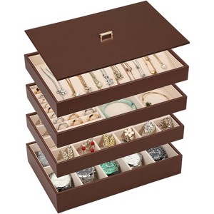 Set of 4 Stackable PU Leather Jewelry Trays with Lids, Drawer Organizer Inserts for Earrings & Watches, Black - 1 of 4