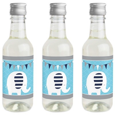 Big Dot of Happiness Blue Elephant - Mini Wine and Champagne Bottle Label Stickers - Boy Party Favor Gift for Women and Men - Set of 16