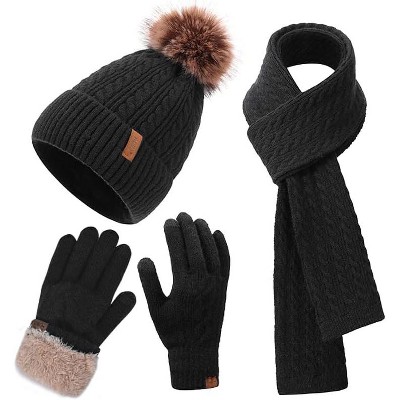ZUPPAD Winter Hat Scarf Gloves Set for Women, Classic Cable Beanie with Removable Pom Pom Long Scarf Touchscreen Gloves 3 in 1 Set