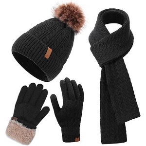 ZUPPAD Winter Hat Scarf Gloves Set for Women, Classic Cable Beanie with Removable Pom Pom Long Scarf Touchscreen Gloves 3 in 1 Set - 1 of 4