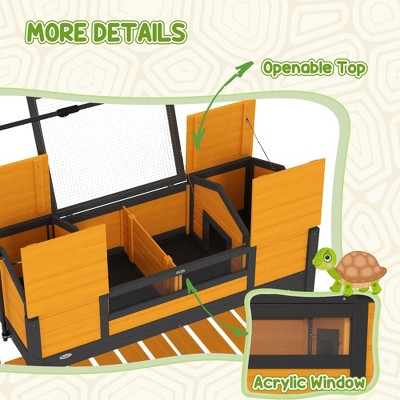 Yellow Wooden Tortoise Habitat with Adjustable Lamp Holder and Storage Shelf