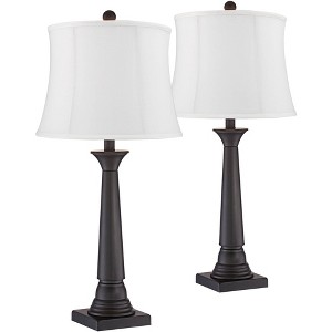 360 Lighting Dolbey 28" Tall Tapered Column Farmhouse Rustic Traditional Table Lamps Set of 2 Brown Bronze Finish Metal White Shade Living Room - 1 of 4