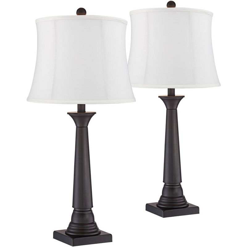 360 Lighting Dolbey 28" Tall Tapered Column Farmhouse Rustic Traditional Table Lamps Set of 2 Brown Bronze Finish Metal White Shade Living Room, 1 of 6