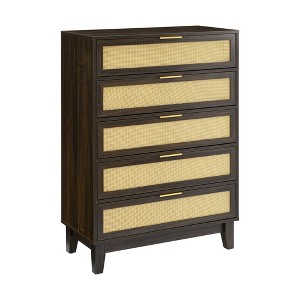 VANIRROR 5 Tall Drawer Dresser for Bedroom, Rattan Chest Organizer in Walnut Color, Solid Wood and MDF, Stylish Storage for Living Room - 1 of 4