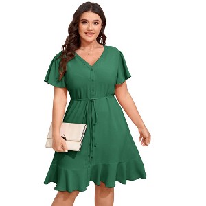Whizmax Women Plus Size V Neck Midi Dress Button Down Short Sleeve Ruffle Casual Summer Dress - 1 of 4