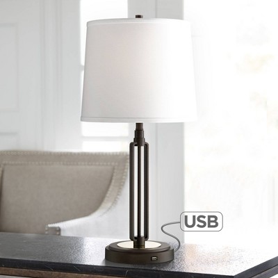 Franklin Iron Works Javier Industrial Table Lamp 24 1/2" High Bronze with USB Charging Port White Drum Shade for Bedroom Living Room Bedside Home Desk