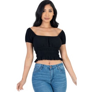 Slickblue Women's Ribbed Knit Puff Sleeve Top, Ruched Shoulder Detail, Short Sleeve Tee, Multiple Colors, Size S-L - 1 of 4