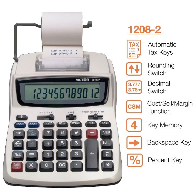 Victor 1208-2 Two-Color Compact Printing Calculator Black/Red Print 2.3 Lines/Sec 12082, 2 of 6