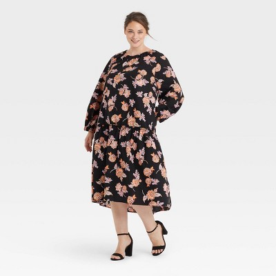 Women's Plus Size Raglan Long Sleeve High Low Dress - Who What Wear™ Black Floral 2X