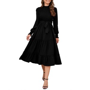 Women's Ruffle Mock Neck Long Sleeve Smocked Midi Dress Casual Elastic Waist Tiered Long Dress - 1 of 4