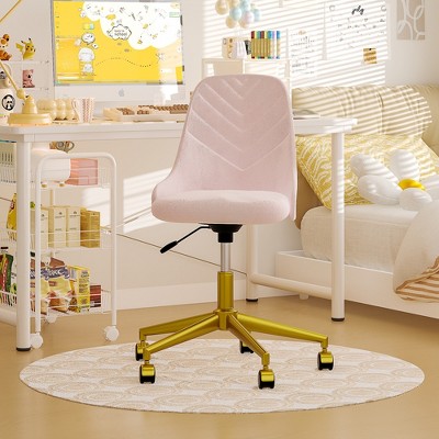 VECELO Velvet Accent Chair Ergonomic Swivel Office Desk Chair Vanity Chair with Golden Base & Adjustable Height Pink/White