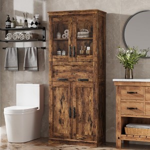 67" Tall Bathroom Storage Cabinet with Glass Doors, Adjustable Shelves, Drawer, Modern Freestanding Pantry Cupboard - 1 of 4