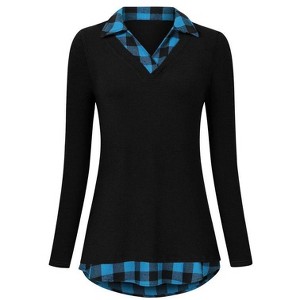 Coolmee Women's Contrast Collared Shirts Long Sleeve Patchwork Work Blouse Tunics Tops - 1 of 4