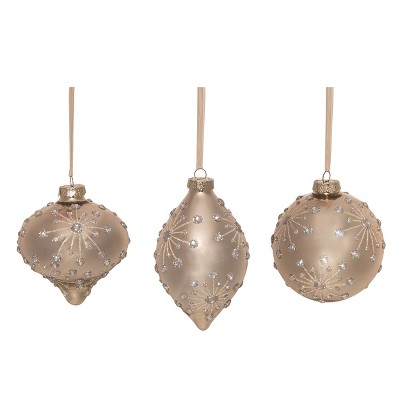 Transpac Glass Beaded Starburst Golden Ornament Set of 3 Christmas Home Decorations