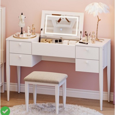 3-in-1 Small Vanity Desk with Flip Top Mirror & LED Lights Makeup Vanity Table Set with 5 Drawers