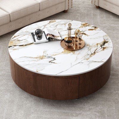 Dolonm 35.4 inch Round Wood Coffee Table with Faux Marble Tabletop and Storage Drawers