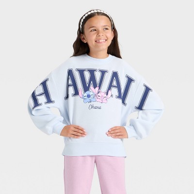 Girls' Disney Stitch and Angel Hawaii Fleece Crewneck Graphic Sweatshirt - Light Blue