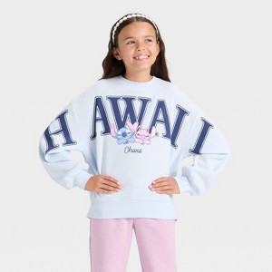 Girls' Disney Stitch and Angel Hawaii Fleece Crewneck Graphic Sweatshirt - Light Blue - 1 of 4