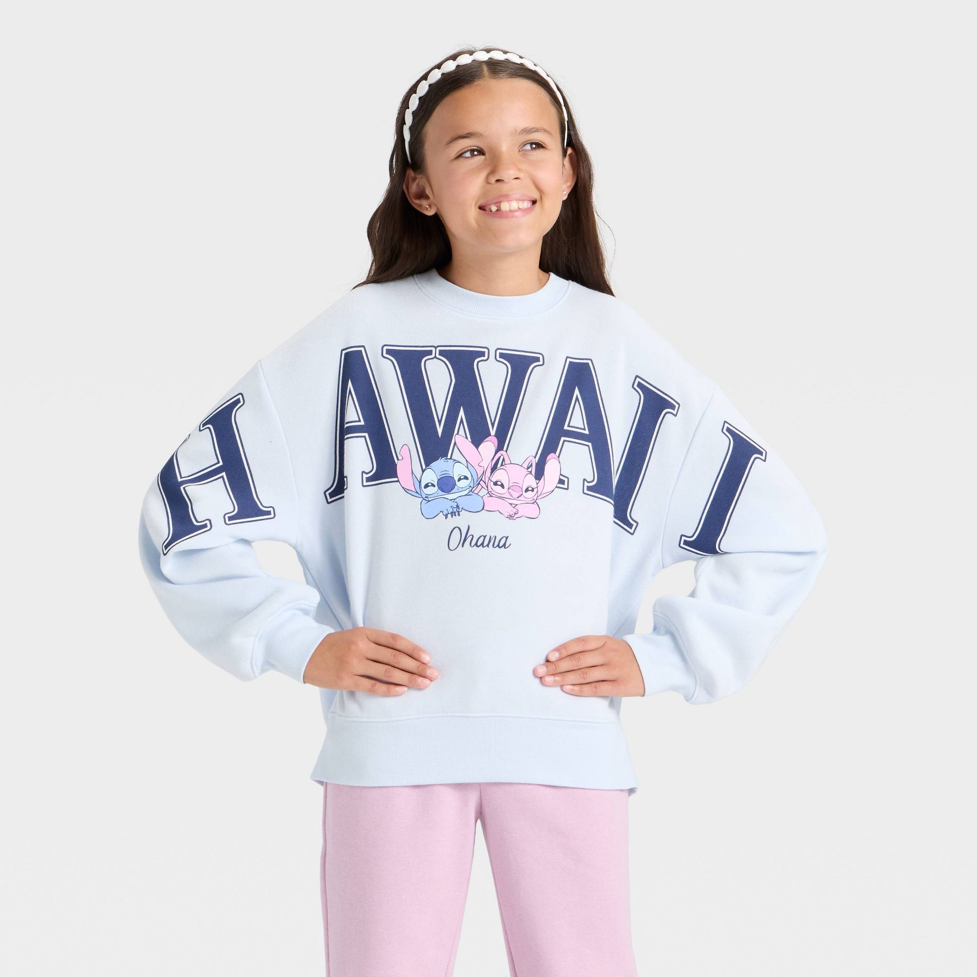 Girls' Disney Stitch and Angel Hawaii Fleece Crewneck Graphic Sweatshirt - Light Blue M