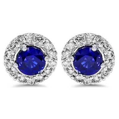 Pompeii3 2ct Halo Diamond Blue Sapphire Studs 14K White Gold (Not Enhanced)