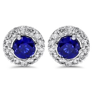 Pompeii3 2ct Halo Diamond Blue Sapphire Studs 14K White Gold (Not Enhanced) - 1 of 4