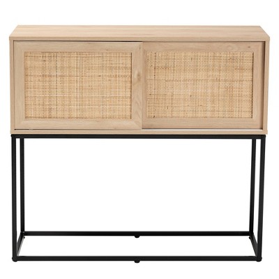 Amelia 42.9" Natural Brown Wood and Black Metal Rattan Sideboard