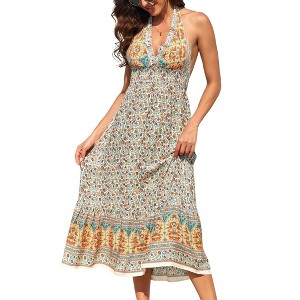 Women's Summer Fashion Floral Halter High Waist Dress V-Neck Wrap Bohemian Dress Sleeveless A Line Flowy Beach Casual Maxi - 1 of 4