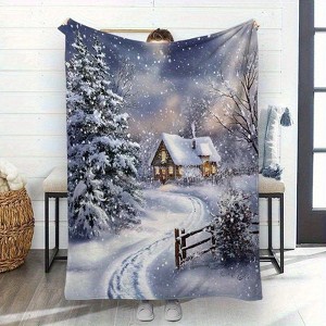 1-Pack Winter Wonderland Fluffy Blanket, Cozy Snowy Cabin Scene with Snow, Covered Trees & Falling Snowflakes, Christmas Gift. - 1 of 4