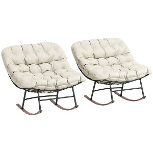 Outsunny Outdoor Rocking Chair Set of 2, Oversized Rocking Papasan Chairs with Cushions, Beige - 1 of 4