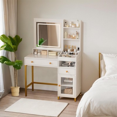 38 Inch Vanity Desk, Vanity Desk with Mirror and LED Lights, Modern Makeup Dressing Table, 2 Drawers, Tertiary Board, for Bedroom, White