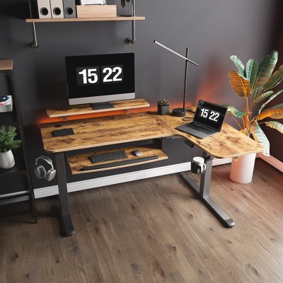 Rustic Brown L-Shaped Adjustable Height Standing Desk with USB Port and Keyboard Tray