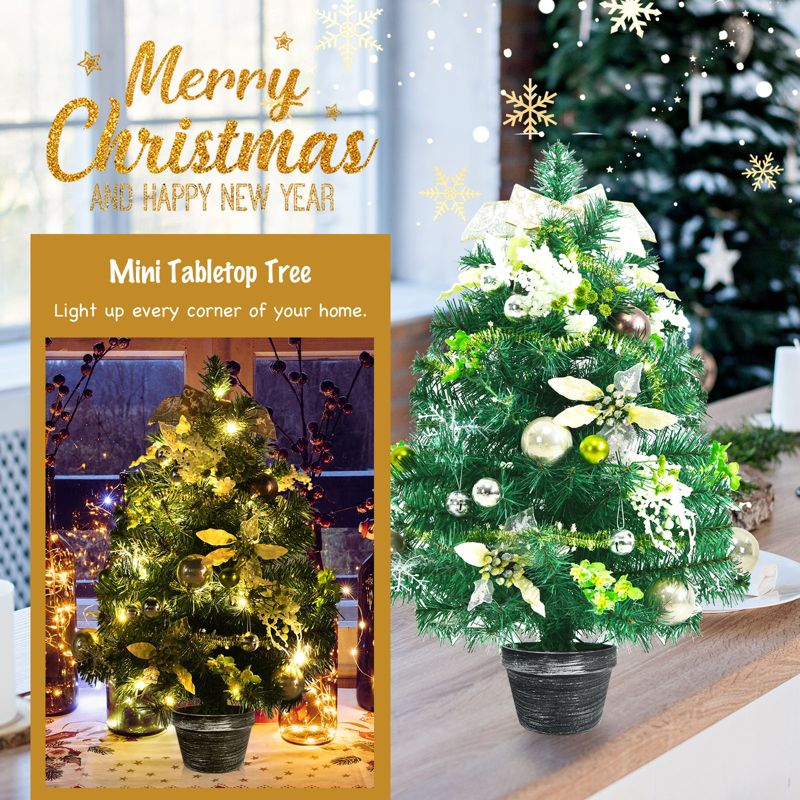Tangkula 2ft Pre-lit Tabletop Christmas Tree Mini Artificial Evergreen Christmas Tree with Timer & Rich Ornaments, 4 of 11