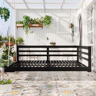 VisioGear Patio Swing Bed Modern Porch Swing Hanging Bed Frame with Hemp Ropes and Single Arm for Garden, Backyard, Black, 80"*40.9"*23.7"
