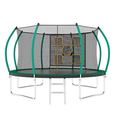 BestParts 12FT Round Trampoline with Ladder, Enclosure Net & Toss Target Game – Green Steel Frame