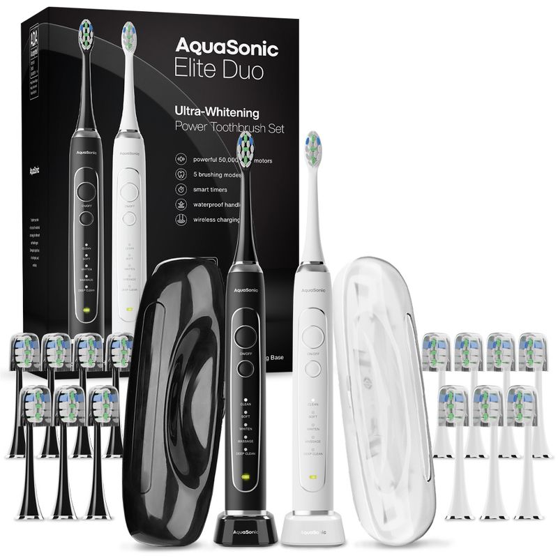 AquaSonic Elite Duo Ultra-Whitening Electric Toothbrush Set - Black & White, 1 of 4