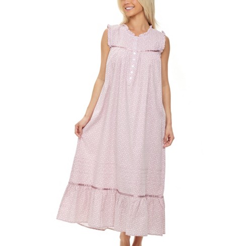 ADR Women's Cotton Victorian Nightgown, Miriam Sleeveless Lace Trimmed  Ruffled Long Night Dress White Floral on Mauve X Large