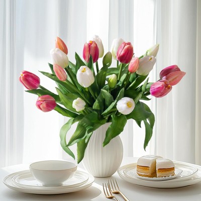 BRINJOY 20-Pack Artificial Silk Tulips | PU Material Bouquet with Gift Box for Weddings, Parties & Home Decor