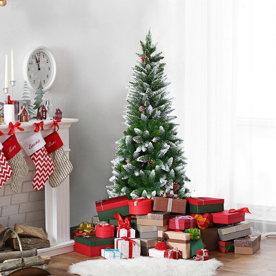 5ft Green and White Snow Flocked Pencil Christmas Tree with Pine Cones