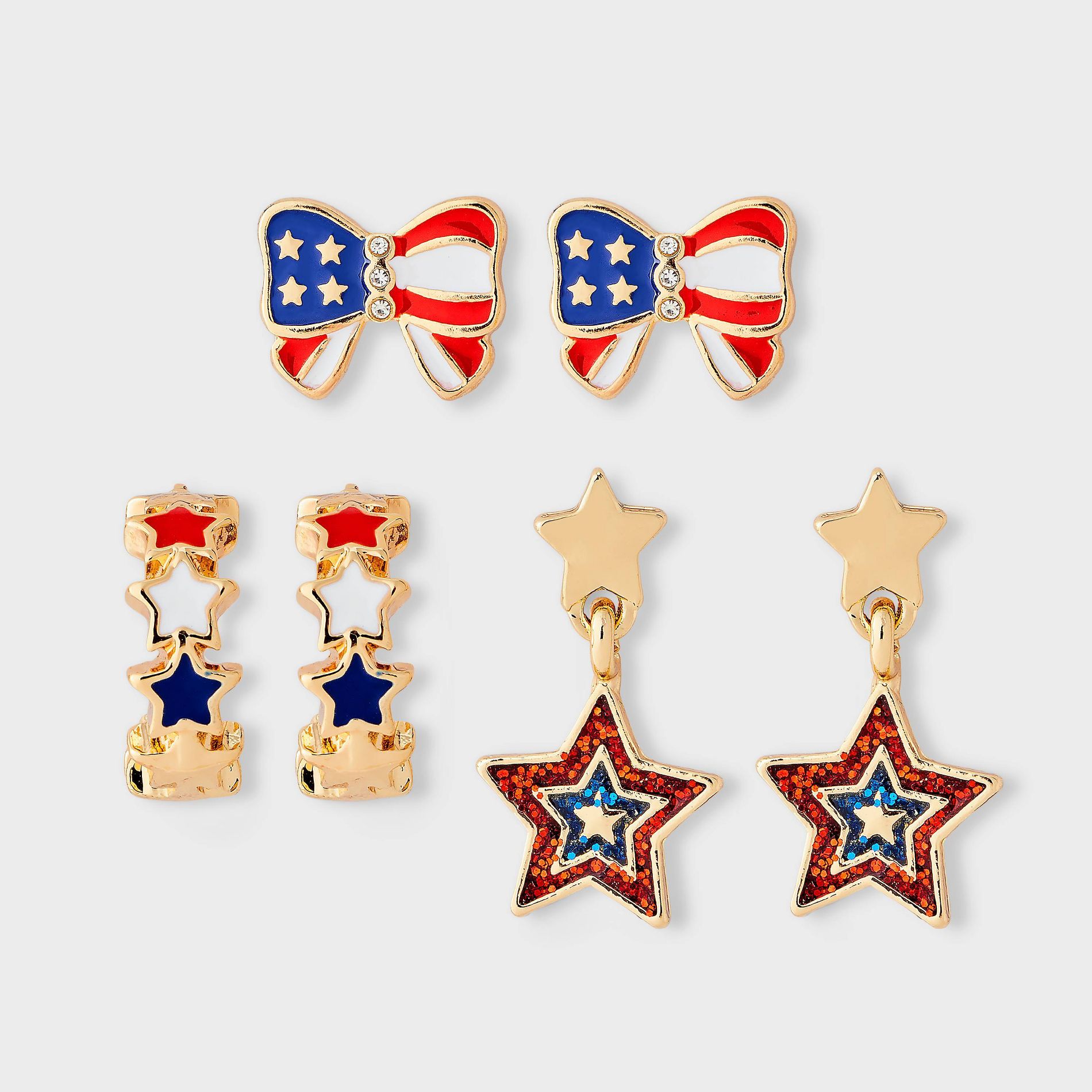 Americana Bow and Star Mixed Hoop Earring 3pc Set - Gold/Multi