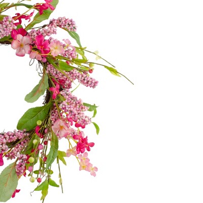 Pink and White Artificial Geranium Floral Wreath with Green Foliage - 18-Inch