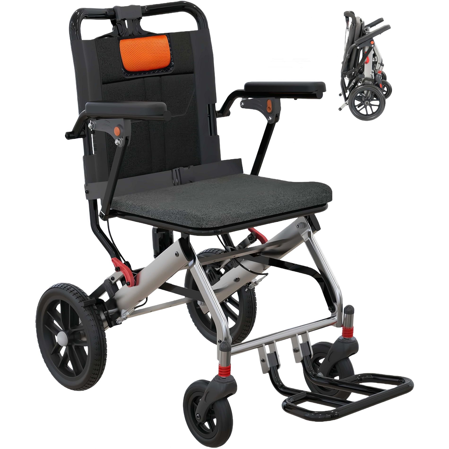 Portable Transport Wheelchair for Adults, Lightweight Wheelchair Compact Wheelchairs with Carbon Steel Construction Locking Handbrake, 80KG Capacity