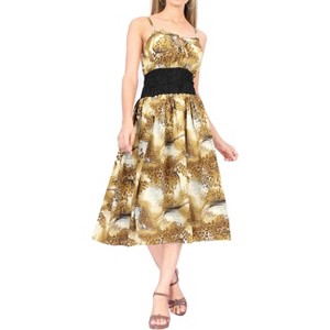 LA LEELA Women's House Daily Routine Evening Wear Boho Strappy Smocked Mini Flowy Casual Backless Dress Tube Top for Women One Size Brown, Tiger Print - 1 of 4