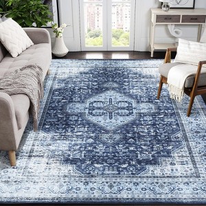Washable Rugs & Vintage Area Rugs ¨C Non-Slip Oriental Floral Distressed Carpet (Stain-Resistant, Low Pile, Farmhouse Style, Blue) - 1 of 4